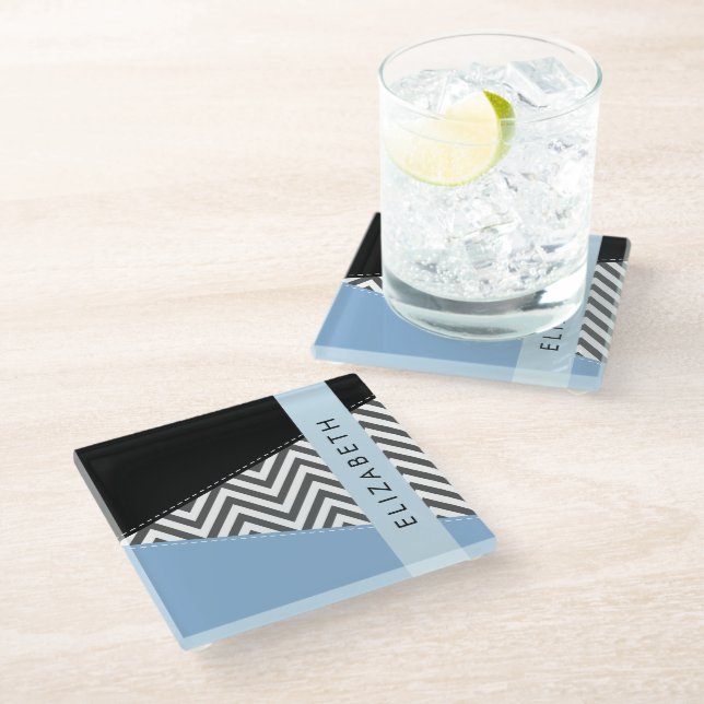 Grey Zigzag, Grey Chevron, Blue, Your Name Glass Coaster (Angled)