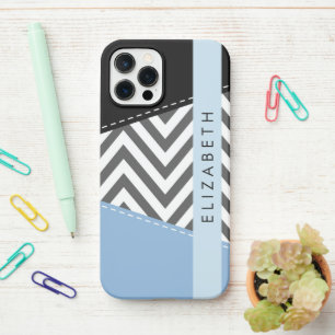 Grey Zigzag, Grey Chevron, Blue, Your Name iPhone 12 Pro Case