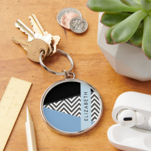 Grey Zigzag, Grey Chevron, Blue, Your Name Key Ring