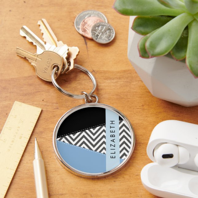 Grey Zigzag, Grey Chevron, Blue, Your Name Key Ring (Desk)