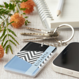 Grey Zigzag, Grey Chevron, Blue, Your Name Key Ring