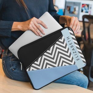 Grey Zigzag, Grey Chevron, Blue, Your Name Laptop Sleeve