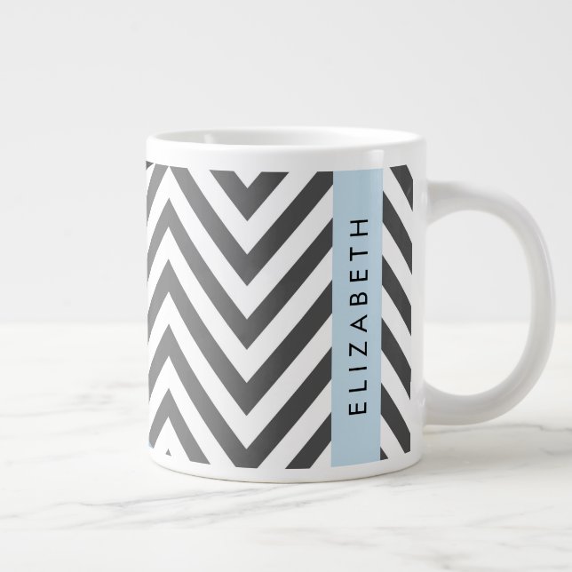 Grey Zigzag, Grey Chevron, Blue, Your Name Large Coffee Mug (Right)