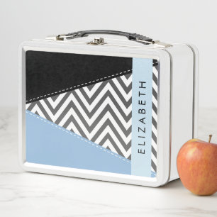 Grey Zigzag, Grey Chevron, Blue, Your Name Metal Lunch Box