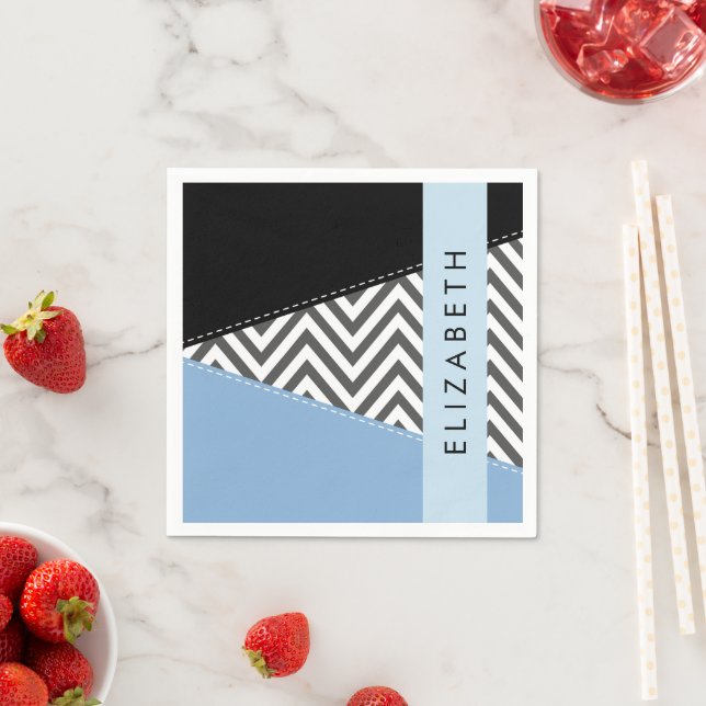 Grey Zigzag, Grey Chevron, Blue, Your Name Napkin (Insitu)