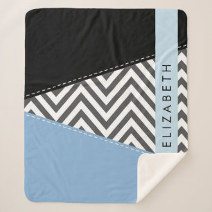 Grey Zigzag, Grey Chevron, Blue, Your Name Sherpa Blanket