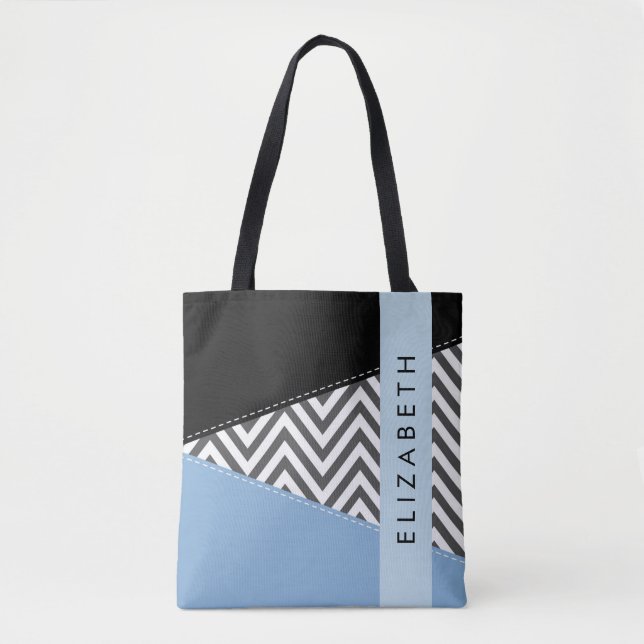 Grey Zigzag, Grey Chevron, Blue, Your Name Tote Bag (Front)