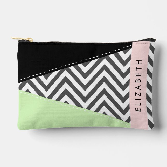 Grey Zigzag, Grey Chevron, Mint, Your Name Accessory Pouch (Front)