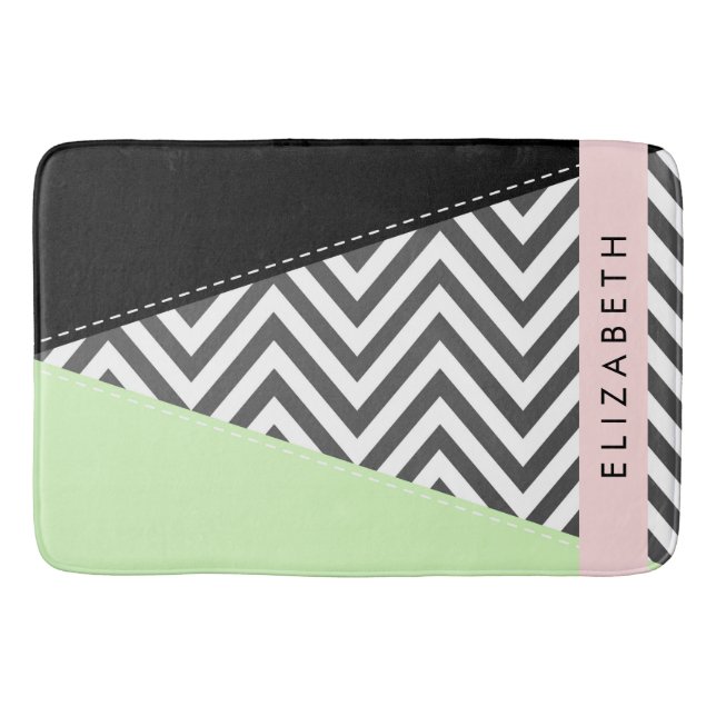 Grey Zigzag, Grey Chevron, Mint, Your Name Bath Mat (Front)