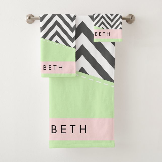Grey Zigzag, Grey Chevron, Mint, Your Name Bath Towel Set (Insitu)