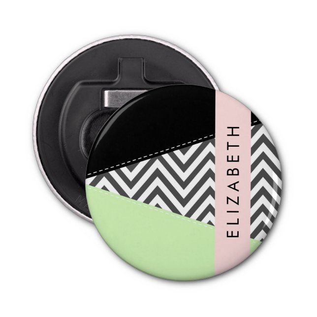 Grey Zigzag, Grey Chevron, Mint, Your Name Bottle Opener (Front)