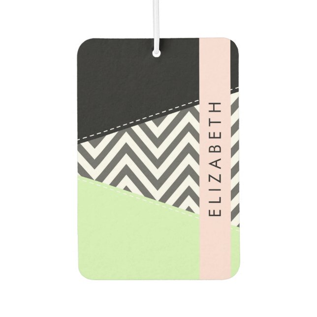 Grey Zigzag, Grey Chevron, Mint, Your Name Car Air Freshener (Front)
