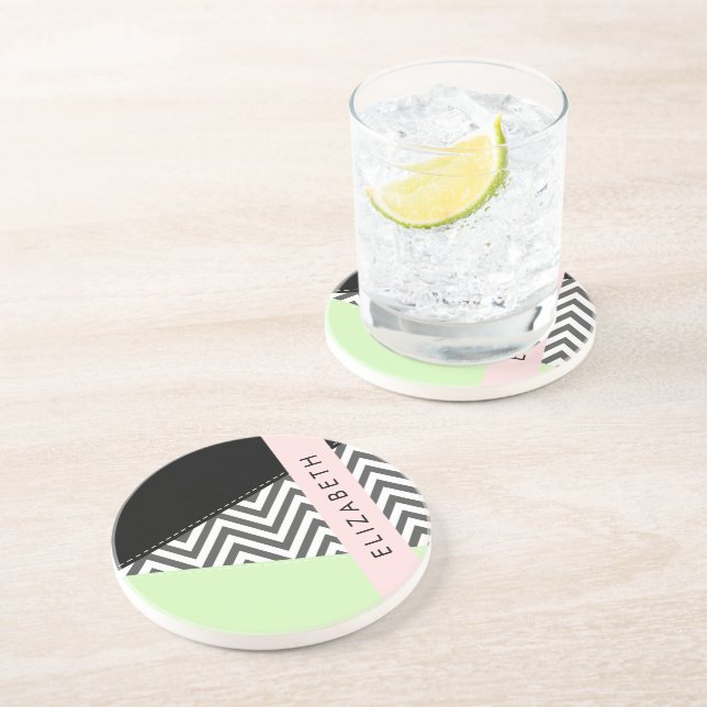 Grey Zigzag, Grey Chevron, Mint, Your Name Coaster (Side)