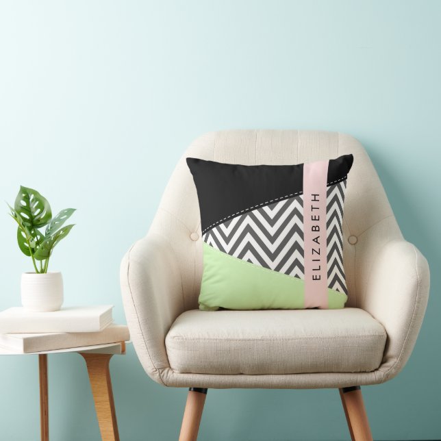 Grey Zigzag, Grey Chevron, Mint, Your Name Cushion (Chair)
