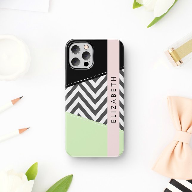 Grey Zigzag, Grey Chevron, Mint, Your Name iPhone 16 Case (Creator Uploaded)