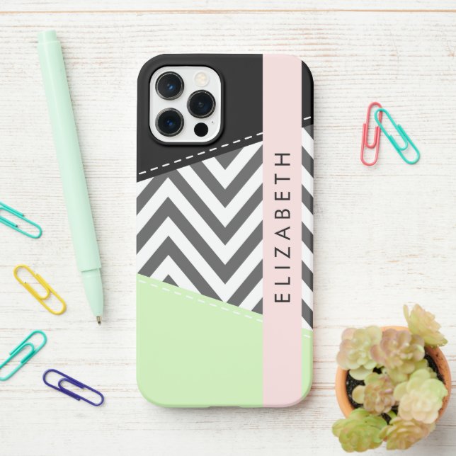 Grey Zigzag, Grey Chevron, Mint, Your Name iPhone Case (On Desk)