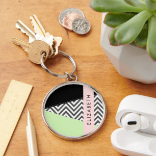 Grey Zigzag, Grey Chevron, Mint, Your Name Key Ring