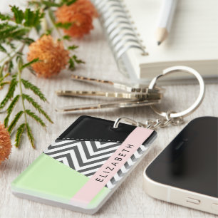 Grey Zigzag, Grey Chevron, Mint, Your Name Key Ring