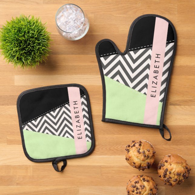 Grey Zigzag, Grey Chevron, Mint, Your Name Oven Mitt & Pot Holder Set (Top Down)