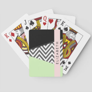 Grey Zigzag, Grey Chevron, Mint, Your Name Playing Cards