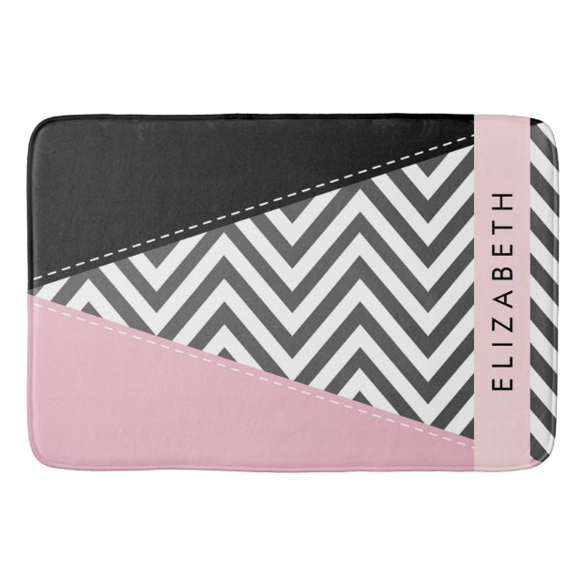 Grey Zigzag, Grey Chevron, Pink, Your Name Bath Mat (Front)