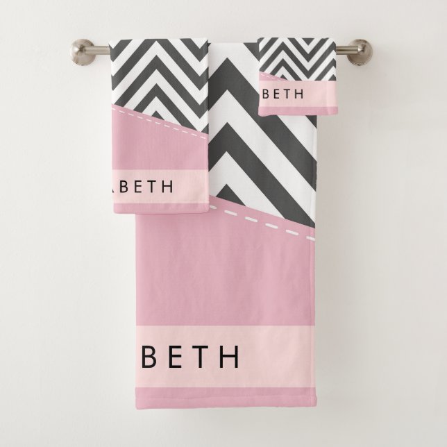 Grey Zigzag, Grey Chevron, Pink, Your Name Bath Towel Set (Insitu)