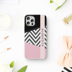 Grey Zigzag, Grey Chevron, Pink, Your Name iPhone 12 Pro Case