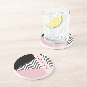 Grey Zigzag, Grey Chevron, Pink, Your Name Coaster