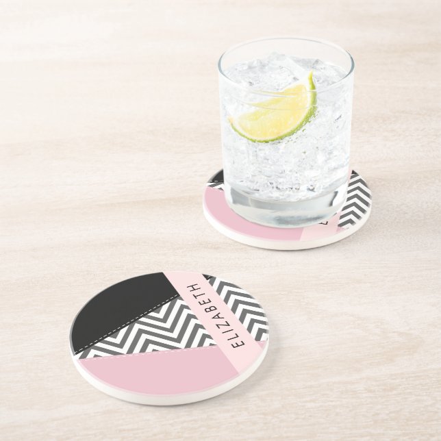 Grey Zigzag, Grey Chevron, Pink, Your Name Coaster (Side)