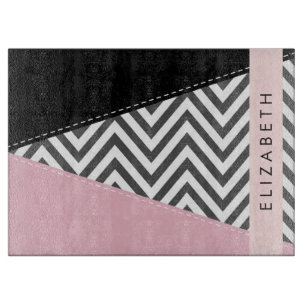 Grey Zigzag, Grey Chevron, Pink, Your Name Cutting Board