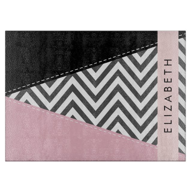 Grey Zigzag, Grey Chevron, Pink, Your Name Cutting Board (Front)