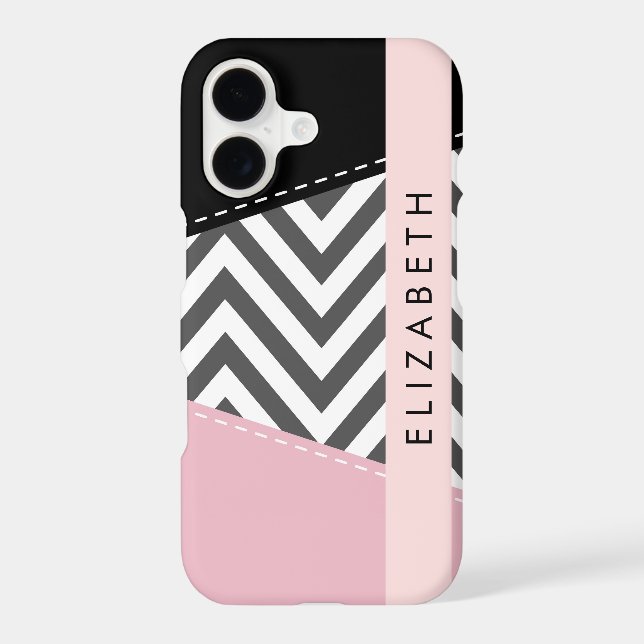 Grey Zigzag, Grey Chevron, Pink, Your Name iPhone Case (Back)