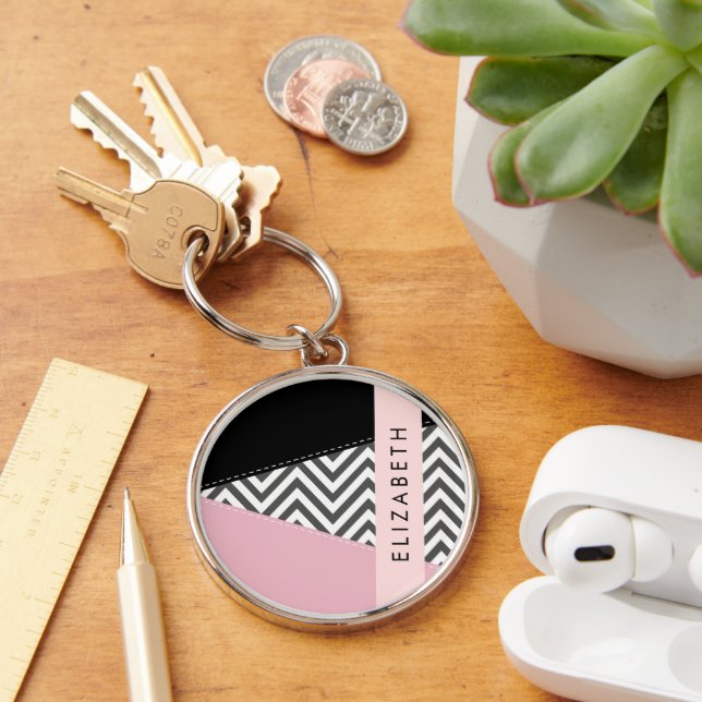 Grey Zigzag, Grey Chevron, Pink, Your Name Key Ring (Desk)