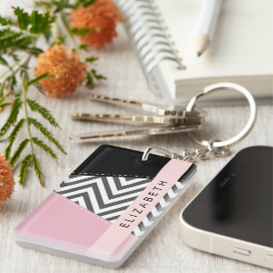 Grey Zigzag, Grey Chevron, Pink, Your Name Key Ring