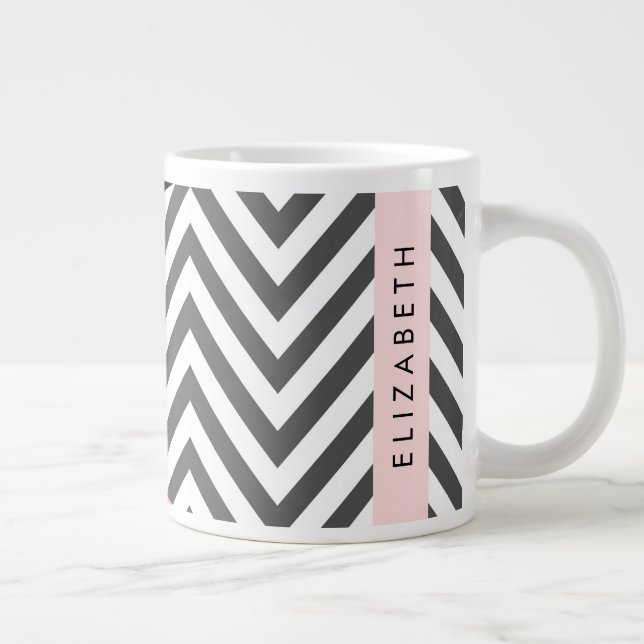 Grey Zigzag, Grey Chevron, Pink, Your Name Large Coffee Mug (Right)