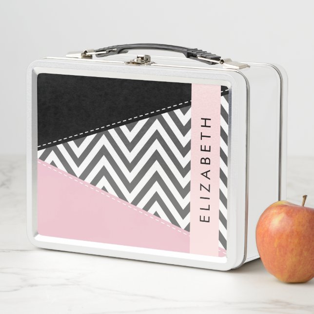 Grey Zigzag, Grey Chevron, Pink, Your Name Metal Lunch Box (In Situ)