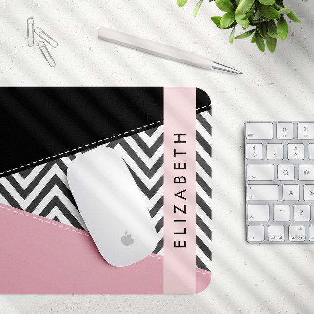 Grey Zigzag, Grey Chevron, Pink, Your Name Mouse Mat (Creator Uploaded)