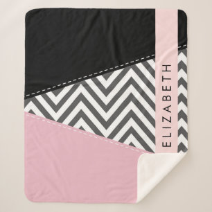 Grey Zigzag, Grey Chevron, Pink, Your Name Sherpa Blanket