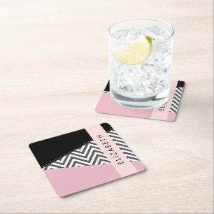 Grey Zigzag, Grey Chevron, Pink, Your Name Square Paper Coaster