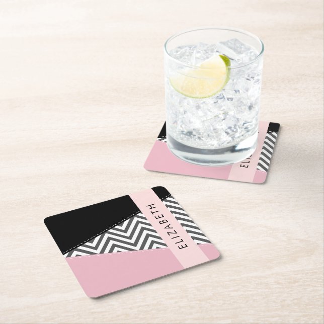 Grey Zigzag, Grey Chevron, Pink, Your Name Square Paper Coaster (Insitu)