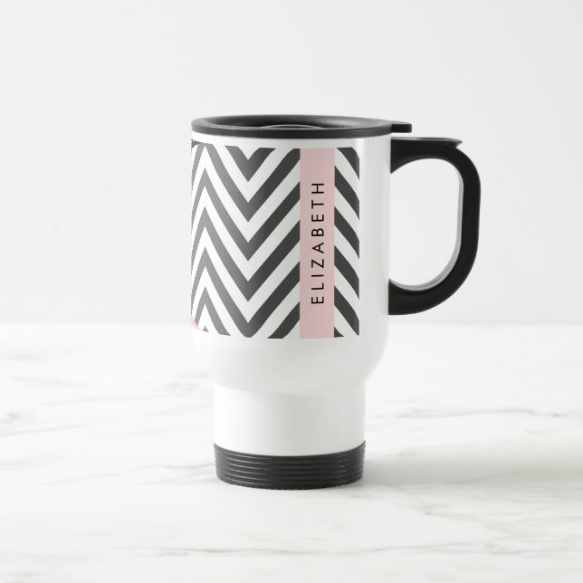 Grey Zigzag, Grey Chevron, Pink, Your Name Travel Mug (Right)
