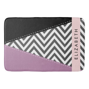 Grey Zigzag, Grey Chevron, Purple, Your Name Bath Mat