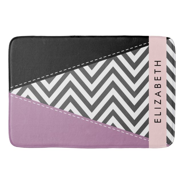 Grey Zigzag, Grey Chevron, Purple, Your Name Bath Mat (Front)