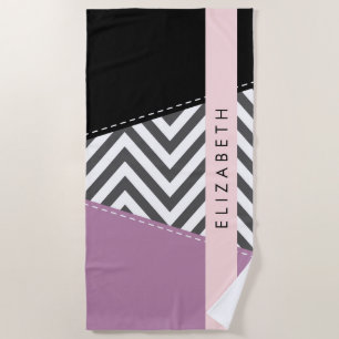 Grey Zigzag, Grey Chevron, Purple, Your Name Beach Towel