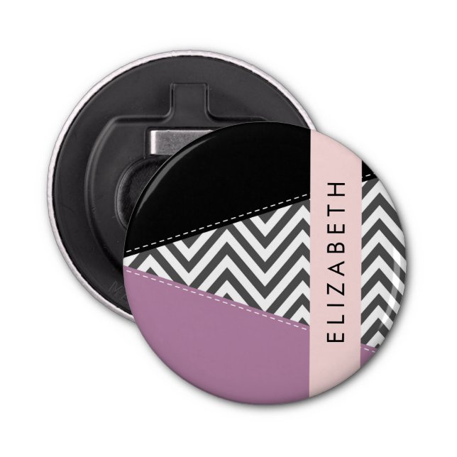 Grey Zigzag, Grey Chevron, Purple, Your Name Bottle Opener (Front)