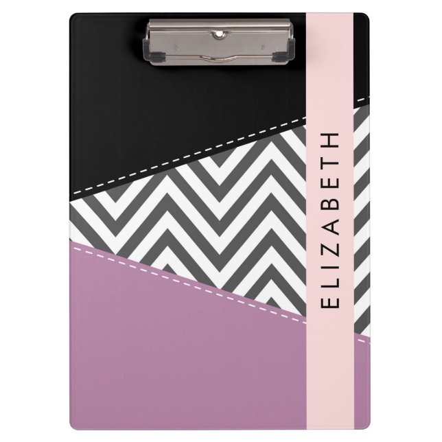 Grey Zigzag, Grey Chevron, Purple, Your Name Clipboard (Front)