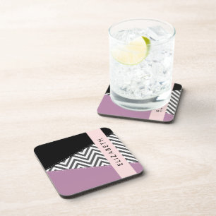 Grey Zigzag, Grey Chevron, Purple, Your Name Coaster