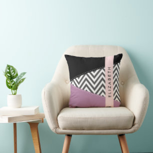 Grey Zigzag, Grey Chevron, Purple, Your Name Cushion