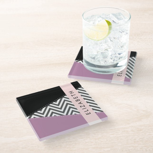 Grey Zigzag, Grey Chevron, Purple, Your Name Glass Coaster (Angled)