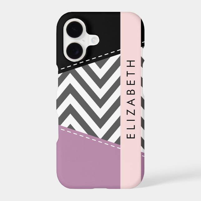 Grey Zigzag, Grey Chevron, Purple, Your Name iPhone Case (Back)